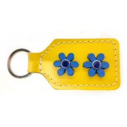 Schlüsselanhänger Leder - gelb mit blaue Blumen