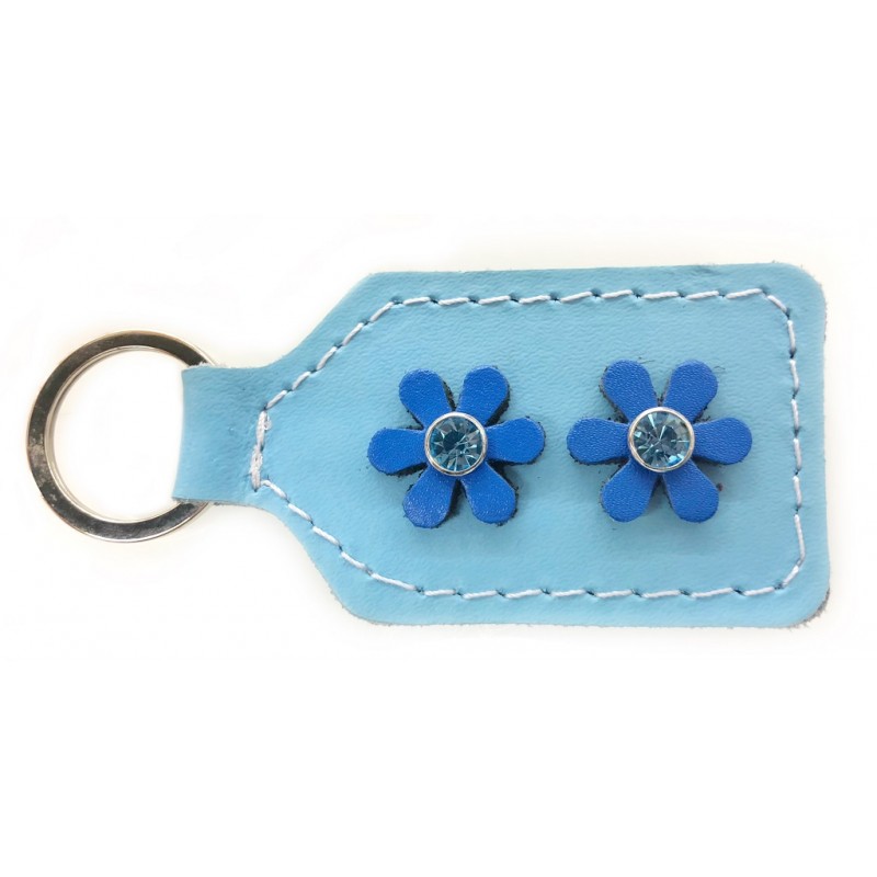 Schlüsselanhänger Leder - blau mit blaue Blumen
